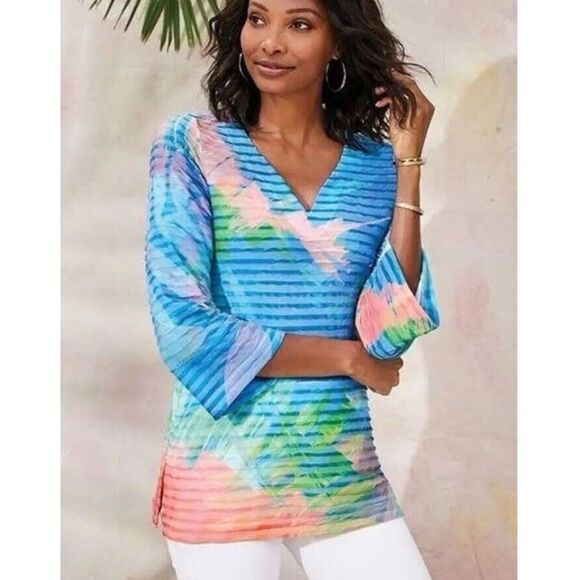 SOFT SURROUNDINGS Women’s Large Ribbed Floral Top Tropical Colorful Tunic Blouse - Picture 1 of 8